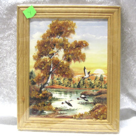 Taulu meripihkamurskeella koristeltu maisemataulu, linnut Y