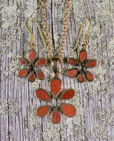 Pronssikorusetti KUKKA kimalteleva kultavirta korvakorut ja riipus