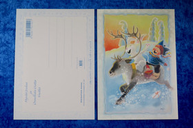 Joulukortti poron selässä jänis ja poika. Piirretty postikortti