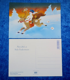 Joulukortti poro juoksee selässään jänis, orava ja hiiri