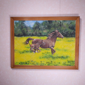 Kivimurskataulu varsa ja hevonen juoksemassa rypsipellossa