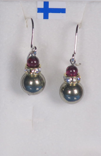 Korvakorut pyriitti 8mm, zirkonirengas, almandiini granaatti 4mm PYR7