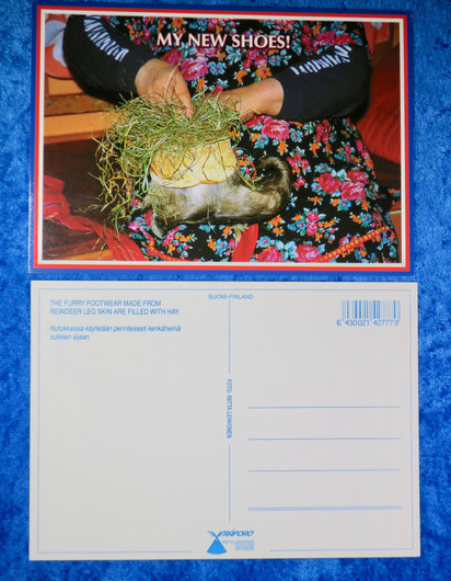 Postikortti My new shoes, kenkäheinät, nutukkaat poronkarvakengät 