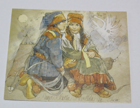 Postikortti SALAISUUS PALJASTUU, nuoret lapinpuvussa. Piirretty