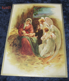 Joulukortti enkelit soittavat Jeesus-lapselle ja Marialle. ken21
