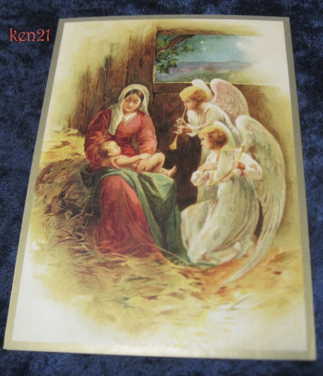 Joulukortti enkelit soittavat Jeesus-lapselle ja Marialle. ken21