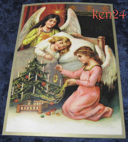 Joulukortti: 2 enkeliä ja joulukuusi vierellä, tyttö nukkumassa(ken24)