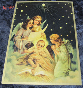 Joulukortti 3 enkeliä laulamassa Jeesus-lapselle. ken28