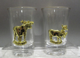 Shottilasit 2kpl setti, kullan värinen hirvi ja poro koholla, rasiassa