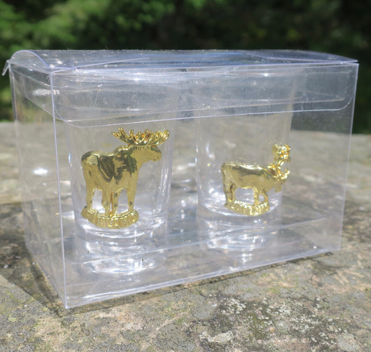 Shottilasit 2kpl setti, kullan värinen hirvi ja poro koholla, rasiassa