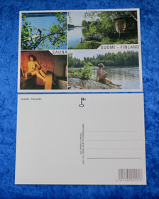 Postikortti SAUNA nainen saunassa, rannalla ja laiturilla