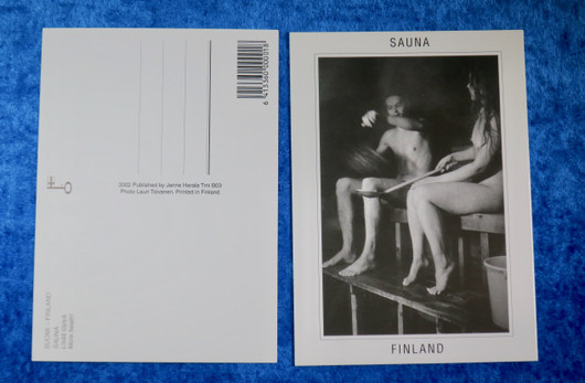Postikortti Sauna - lisää löylyä - mies ja nainen saunomassa