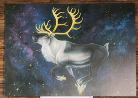 Postikortti poro kultasarvi ja revontulet, piirretty