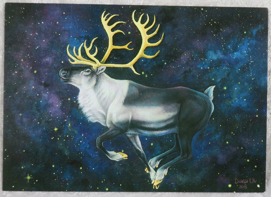 Postikortti poro kultasarvi ja revontulet, piirretty