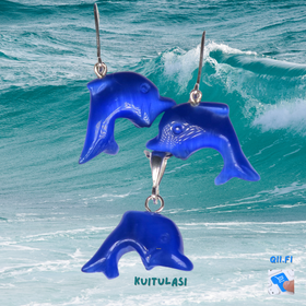 Delfiini korusetti sininen kissansilmälasi riipus ja korvakorut 