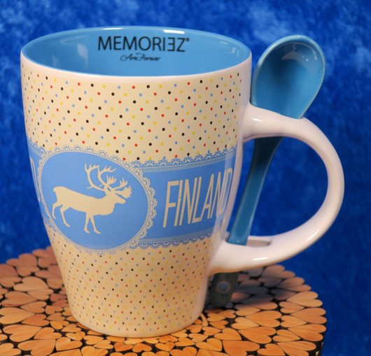 Muki ja lusikka Poro, Finland  Beige/sininen nro f99a mug