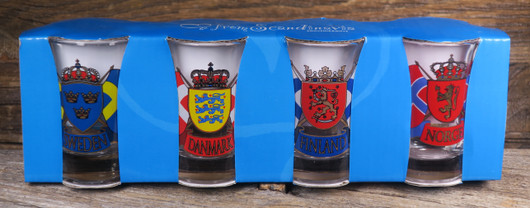 Shottilasit 4 kpl pakkaus NORDIC Finland, Sweden, Danmark, Norge liput