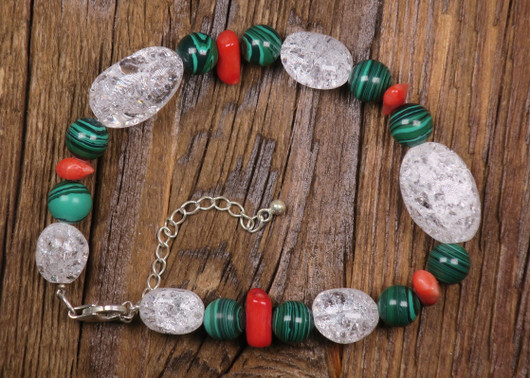 Rannekoru vuorikide ice, malakiitti, koralli, 20-25cm. JOULU1 