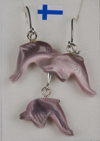 Delfiini vaalea violetti kissansilmälasi riipus ja korvakorut