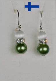 Korvakorut vihreä helmi ja valkoinen kissansilmälasi zirkonikoristein