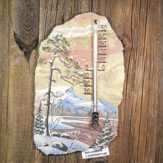 Lämpömittari talvinen tunturimaisema kivimurska 21x13cm KD