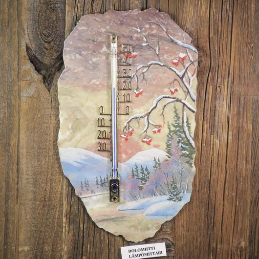 Lämpömittari kivimurska lapin talvimaisema pihlajanmarjat  22x13cm MR