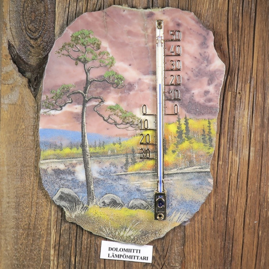 Lämpömittari Lapin järvimaisema ruska kivimurskakuva  19x14cm HK