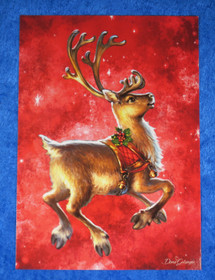 Postikortti jouluinen poro loikkaa, punainen tausta