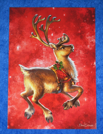 Postikortti jouluinen poro loikkaa, punainen tausta