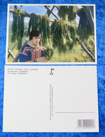 Postikortti Saamelaiset.  Mies laittaa kenkäheinät kuivumaan