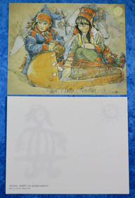 Postikortti Lapinlapset. Heaika, Máret ja Sudno Mánat, piirretty