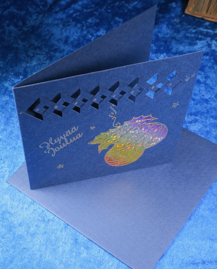 Postikortti Hyvää Joulua joulupallot hologrammikuva kuvioleikkaus jou7