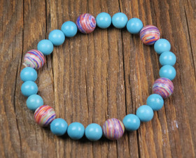 Rannekoru turkoosivärjätty magnesiitti  ja raitakivi 18cm nro raita2