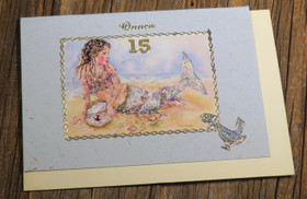 Postikortti onnea 15v, Merenneito on koristeltu lasihelmin nro mer15