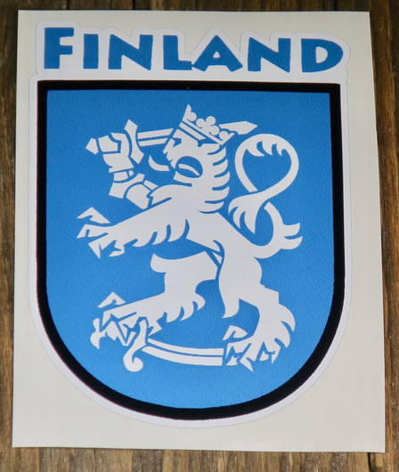 Tarra Suomen leijona Finland 6x8cm sinivalkoinen, vaakunan mallinen