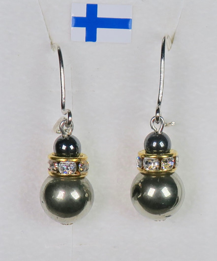 Korvakorut pyriitti 8mm, zirkonirengas, hematiitti 4mm PYR3