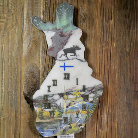 Seinäkello Suomen muotoinen, ruskamaisema lapissa, revontulet, hirvi N