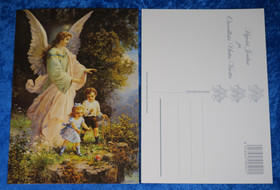 Joulukortti  suojelusenkeli ja lapset sillalla. Perinteinen kuva