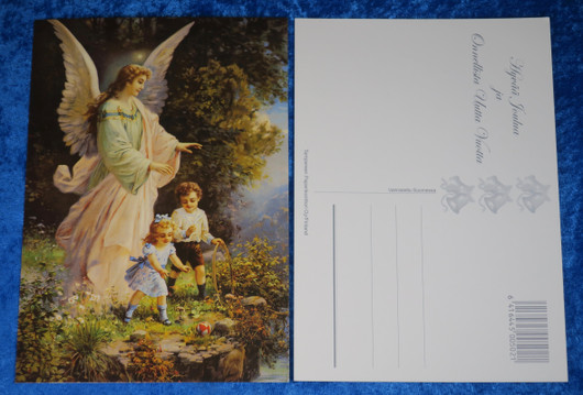 Joulukortti  suojelusenkeli ja lapset sillalla. Perinteinen kuva