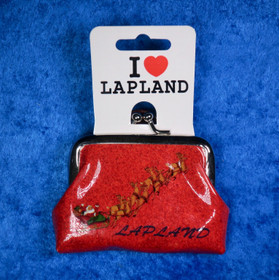 Kukkaro joulupukki ja porot, Lapland, 9x6cm, joulunpunainen glitter