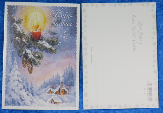 Joulukortti kynttilä kuusen oksalla, kirkko taustalla. Joulurauhaa