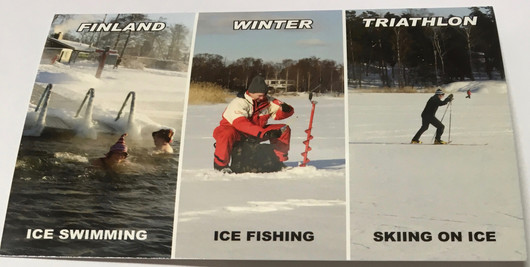 Postikortti Winter Finland Triathlon, avantouinti, pilkki, hiihto