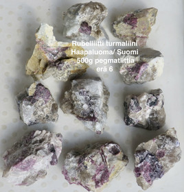 Rubelliitti pegmatiitissa 500g raakapaloja Haapaluoma. Tukkuhinta erä6