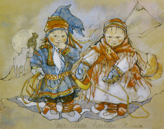 Postikortti LAPSET poikanen ja tyttönen, piirretty 