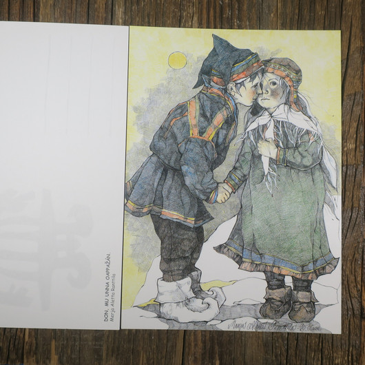 Postikortti nuoripari kädet yhdessä , piirretty