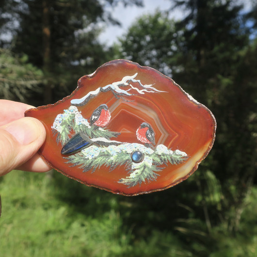 Kivimurskakuva akaattilevyllä karneoli spektroliitit 65g 110x77mm jj20