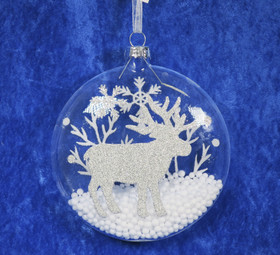 Joulukoriste valkoinen poro ja lunta litteä lasipallo