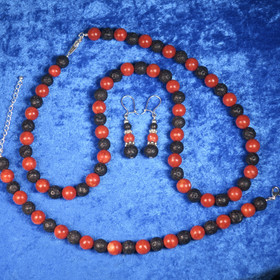 Korusetti laavakivi ja koralli kaulahelmet rannekoru korvakorut KORLA2