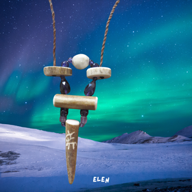 Riipus kaiverrettuja poronsarvia ja ametistit ELEN