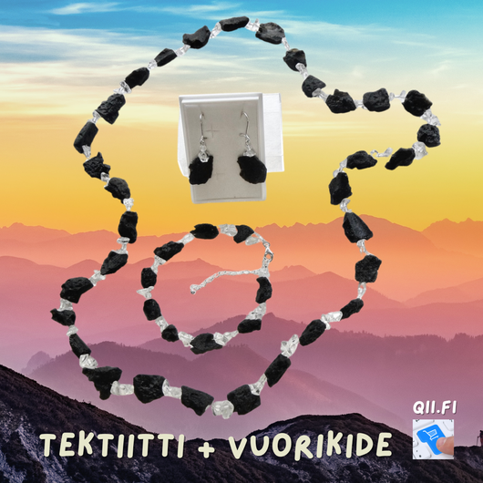 Kaulahelmet raaka musta tektiitti ja vuorikide, pituus 70cm. MIMMI